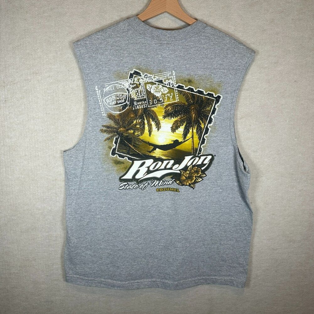 Ron Jon Tank Top Mens Large Gray Sleeveless Graphic Surf Beach Logo Casual VTG